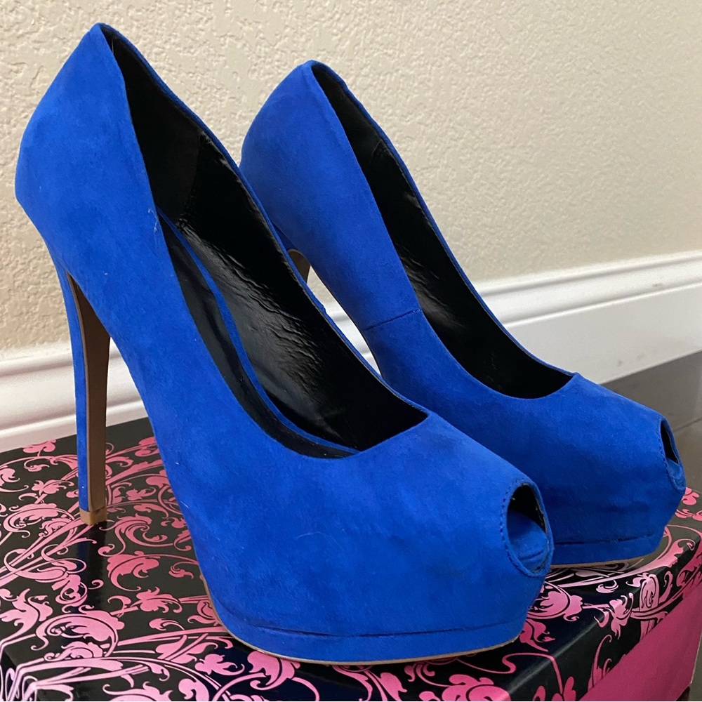 Qupid Suede Peep Toe Platform Stiletto Heels